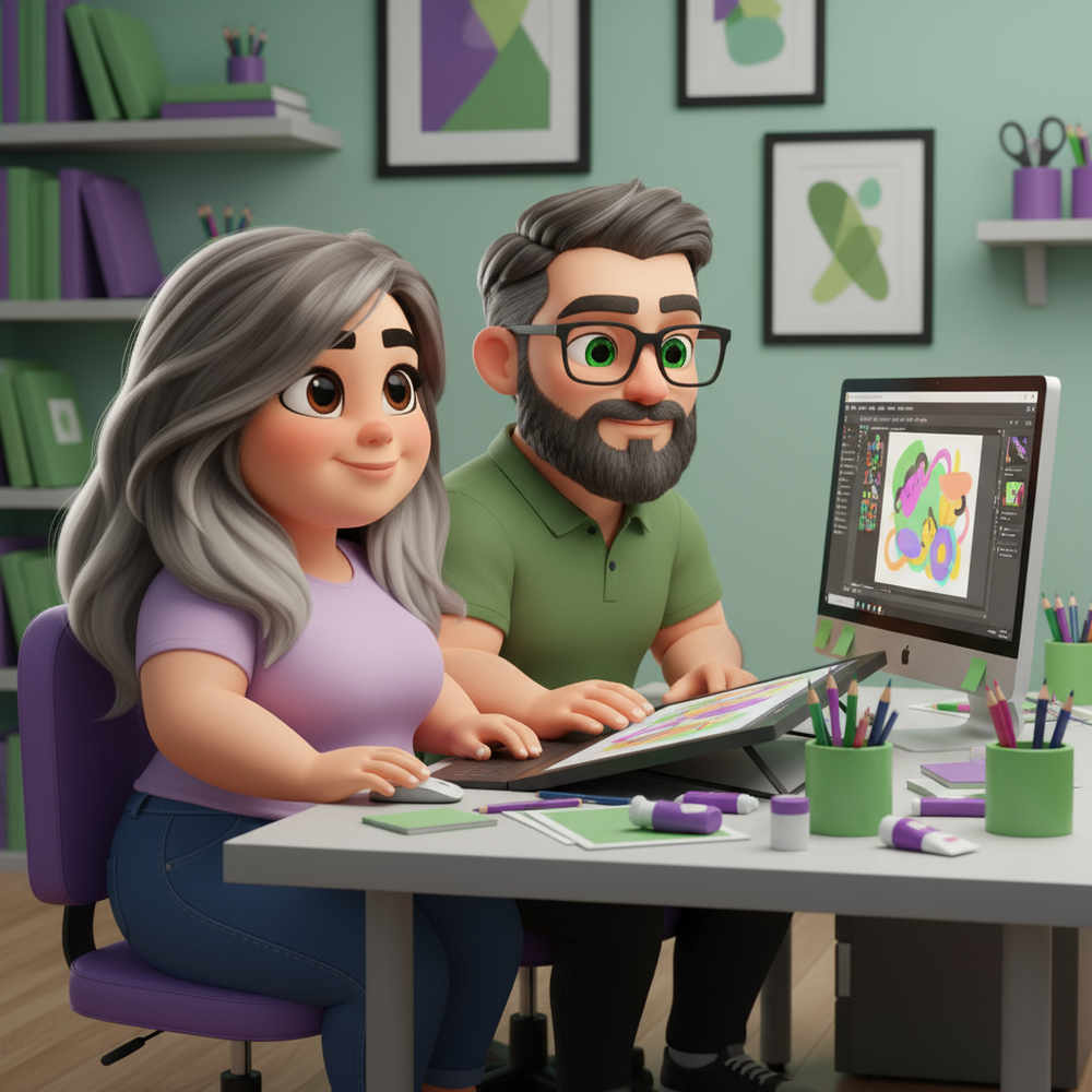 mascote criando arte corel com esposo